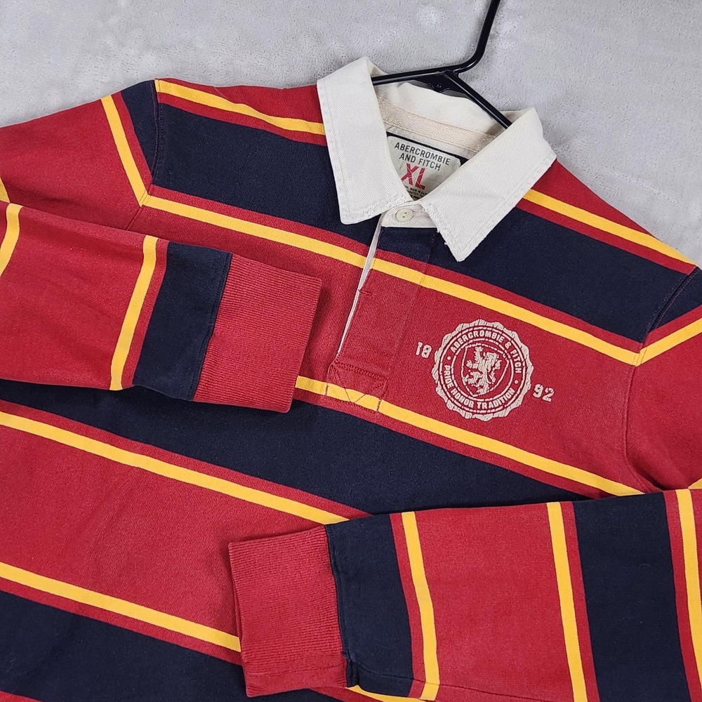 Vintage Abercrombie & Fitch Polo Shirt Mens XL Red Navy Rugby Stripe Long Sleeve